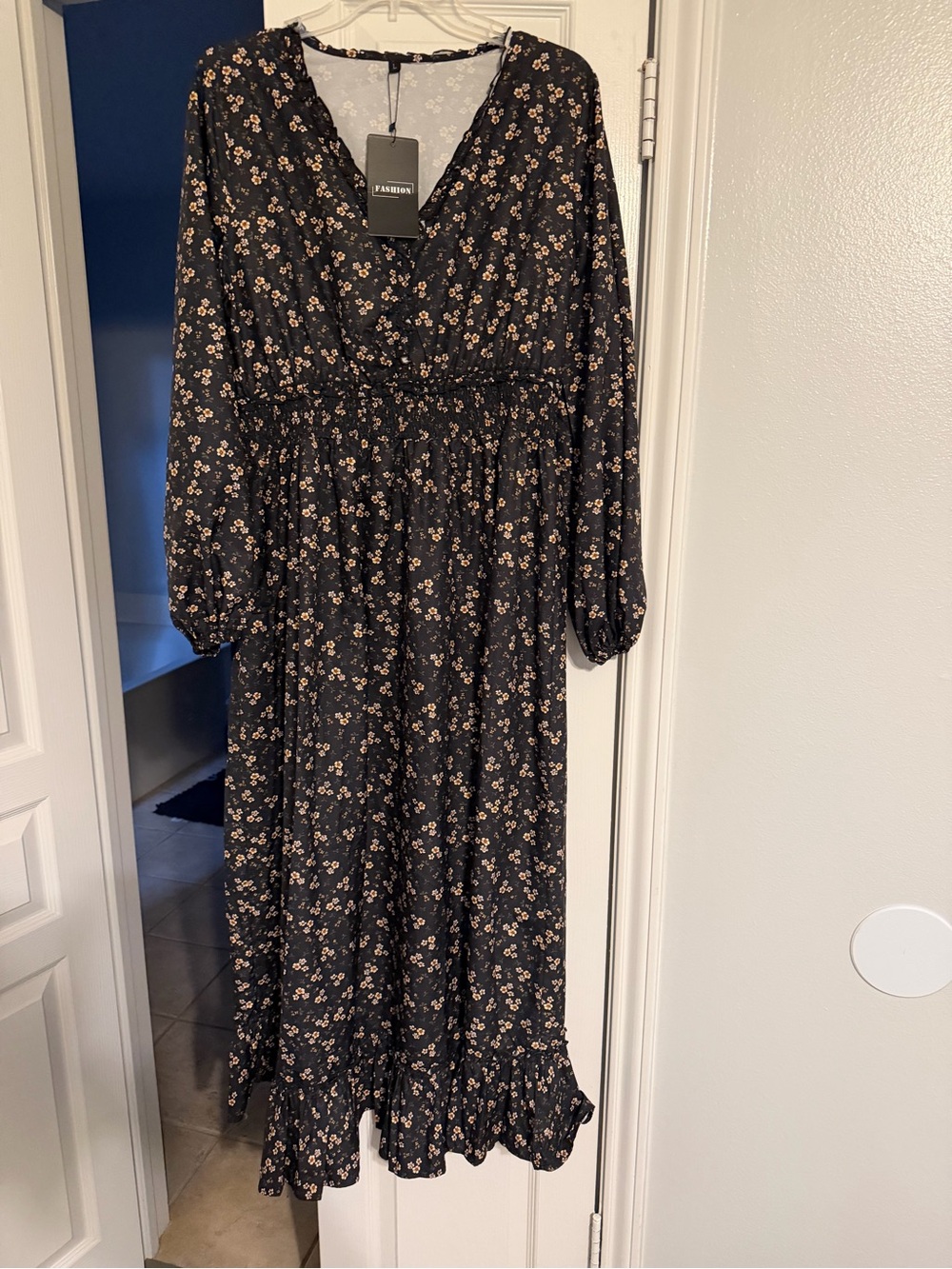 Black Floral Long Sleeve Midi Dress - Unbranded